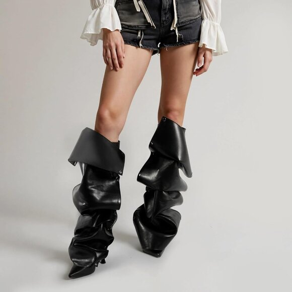 Women Black Suede Detachable Snap-off Panel Fold Over Fall Shark Knee High Boot - Picture 2 of 7